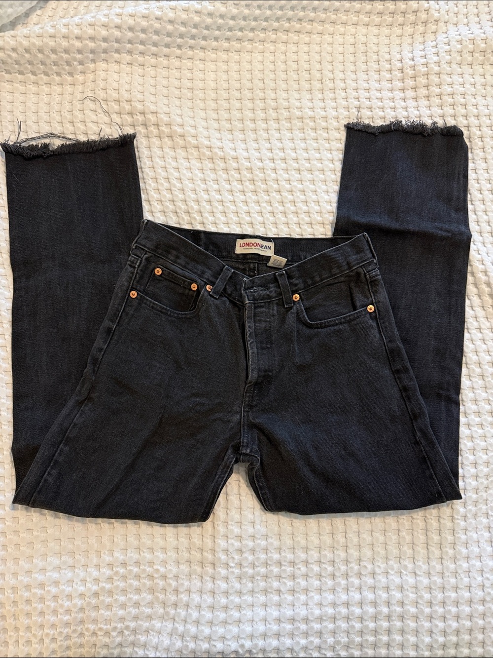 LONDONJEAN Black High-Rise Straight Leg Jeans with Frayed Hem